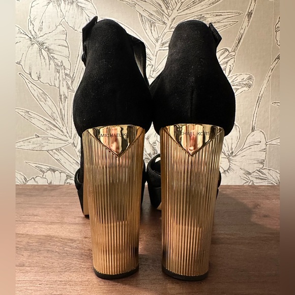 MICHAEL Kors Metallic Block-Heel Black Suede Sandals - Picture 2 of 10